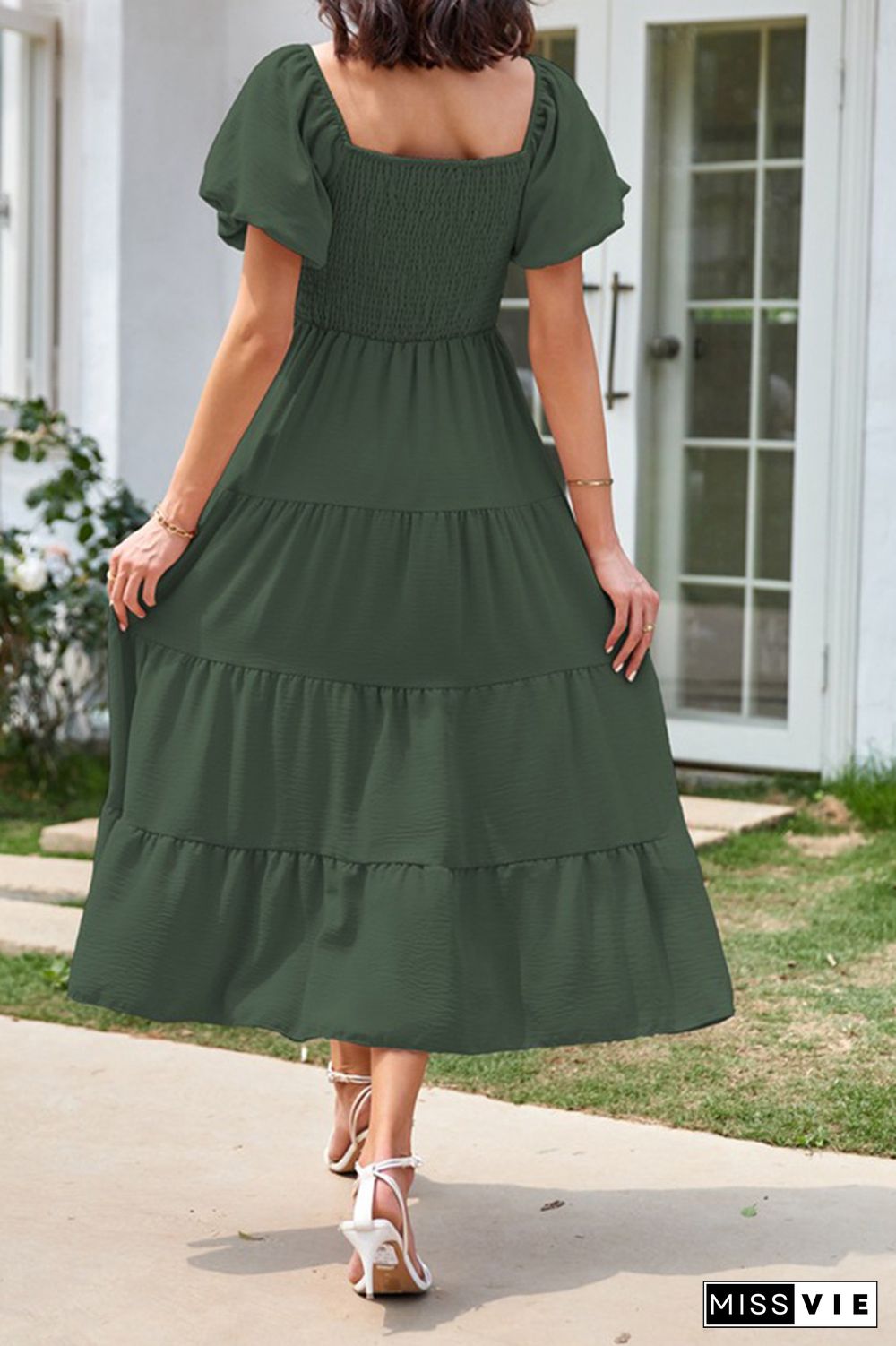 Square Neck Puff Sleeves Tiered Long Dress