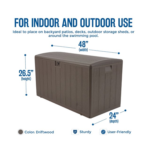 Plastic Development Group 105 Gallon Weatherproof Resin Outdoor Patio Storage Deck Box With Secure Lid Retainer Straps Driftwood Gray