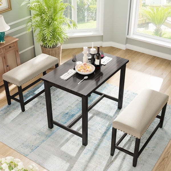 3 Pieces Rustic Wooden Counter Height Dining Table Set with 2 Upholstered Inlaid Copper Nails Benches for Small Places