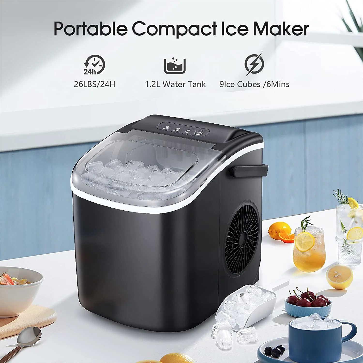 Ice Makers Countertop,Protable Ice Maker Machine with Handle,Self-Cleaning Ice Maker, 26Lbs/24H, 9 Ice Cubes Ready in 8 Mins, for Home/Office/Kitchen