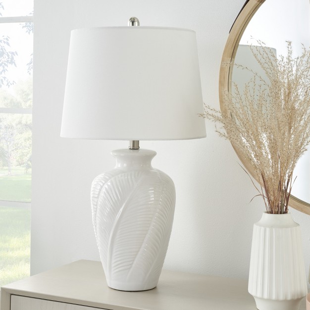 White Textured Feather Ceramic Urn Table Lamp Nourison