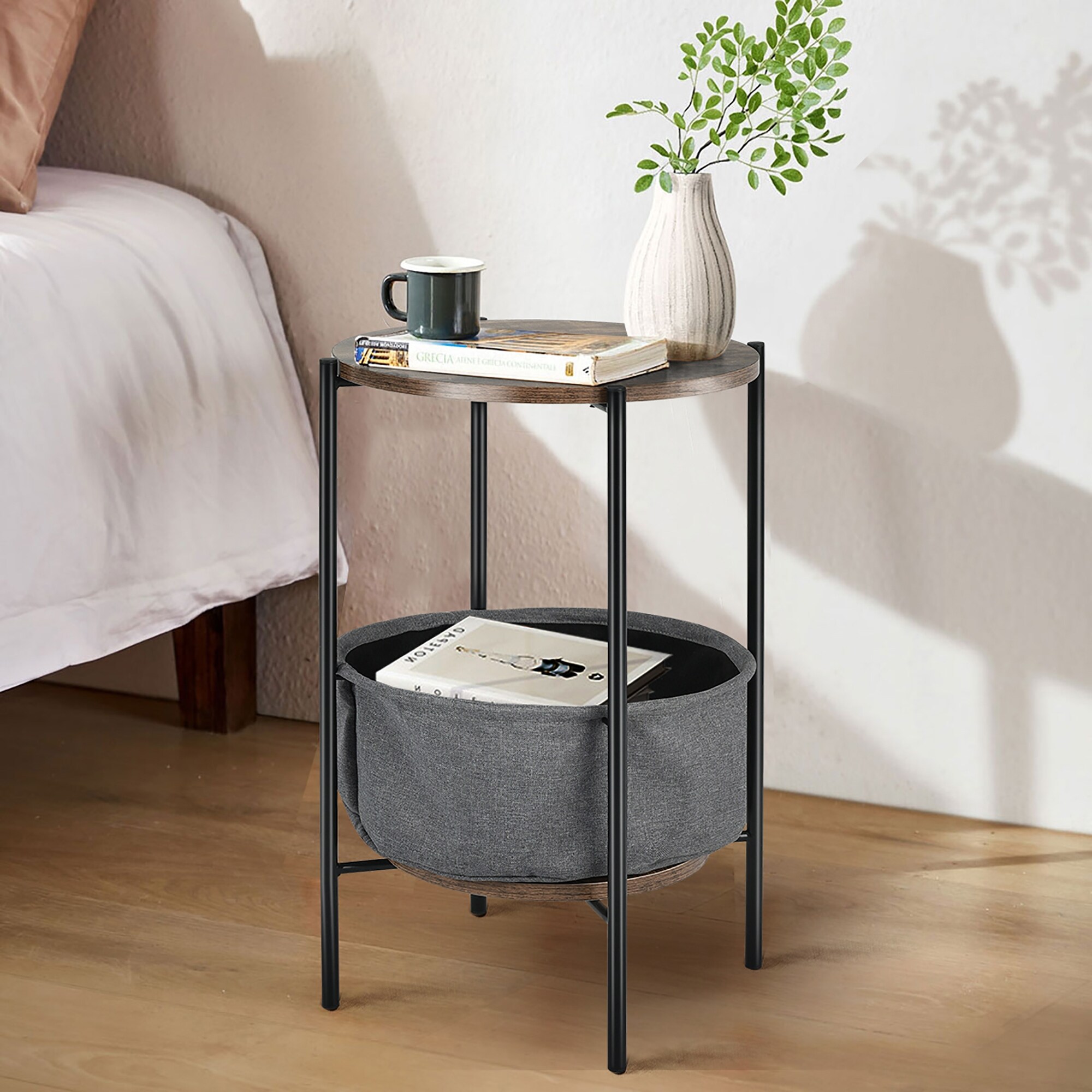 Round End Table Sofa Side Table Compact Table w Fabric Basket