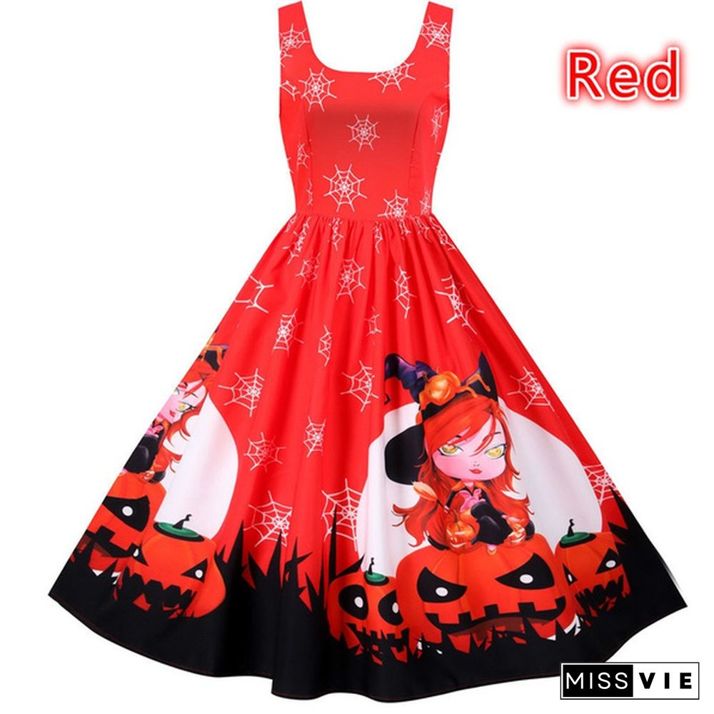 Women Halloween Party Dress Sleeveless Skull Pumpkin Printed Swing Dress