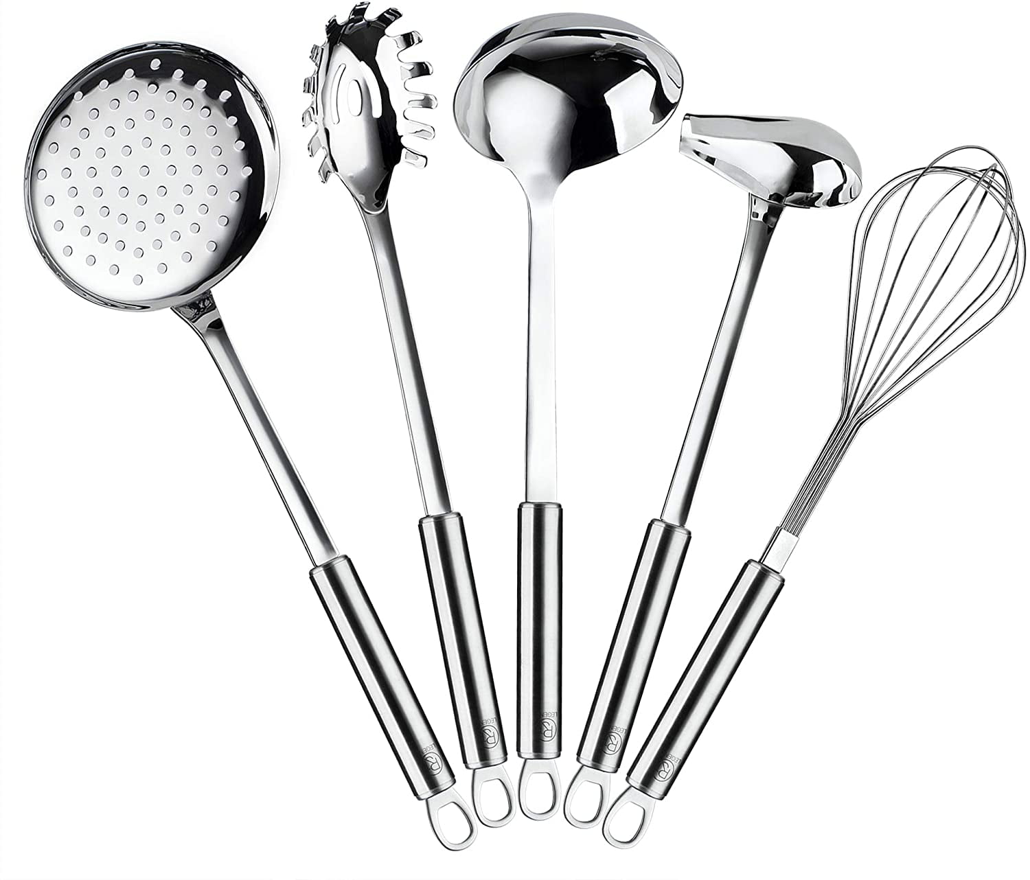 RJ Legend Kitchen Gadget 304 Stainless Steel 11.2 to 13.8 In. Length/2.4 to 4.3 In. Diameter Cooking Utensil Set with Gravy Ladle, Skimmer, Egg Beater, Spaghetti Server, Soup Ladle, Silver (Set of 5)