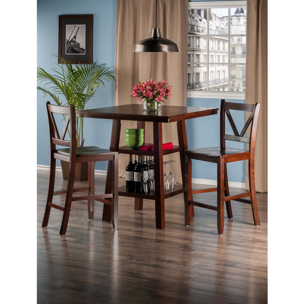 Winsome Wood Orlando 3-Pc Set， High Table with 2 Shelves and 2 V-Back Counter Stools， Walnut Finish