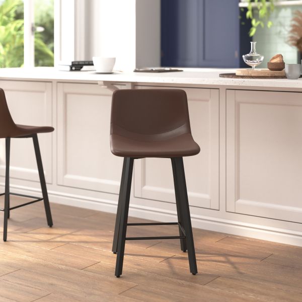 Caleb Modern Armless 24 Inch Counter Height Stools Commercial Grade w/Footrests in Chocolate Brown LeatherSoft and Black Matte Metal Frames， Set of 2