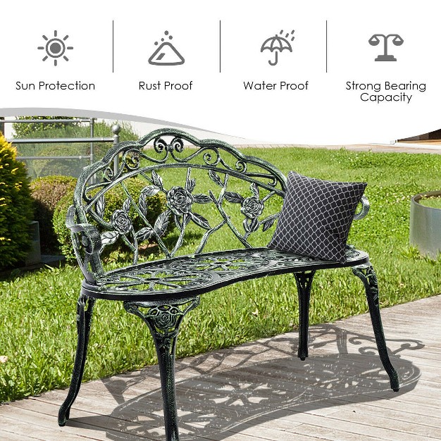 Costway Patio Garden Bench Chair Style Porch Cast Aluminum Outdoor Rose Antique Green