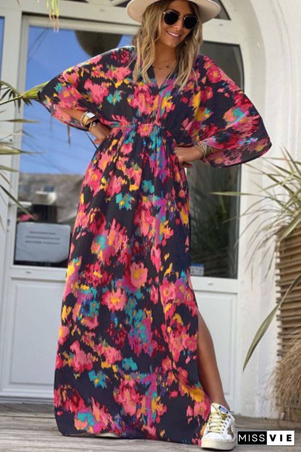 Multicolor Abstract Print V Neck Dolman High Waist Maxi Dress