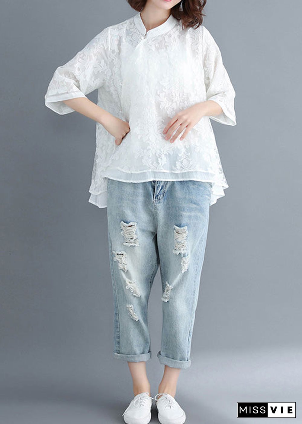 Style white lace top silhouette Women Button Down Dresses Summer blouse