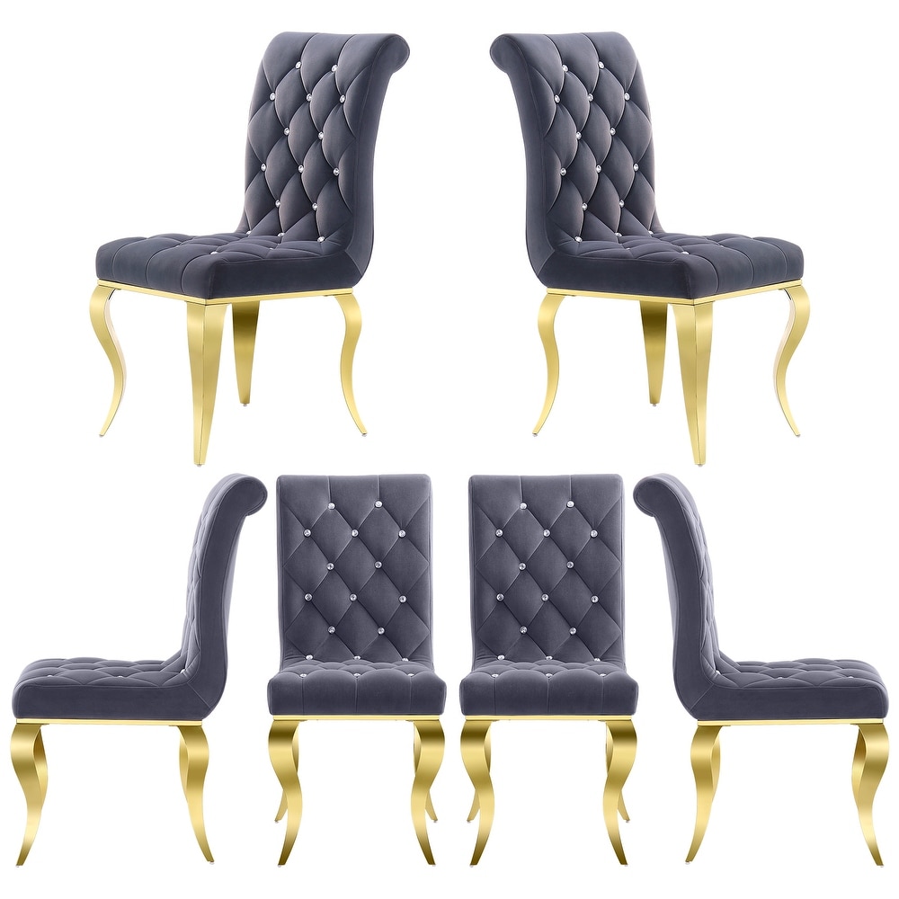 Luxury Gray Velvet Tufted Upholstered Dining Chairs with Polished Gold Cabriole Legs