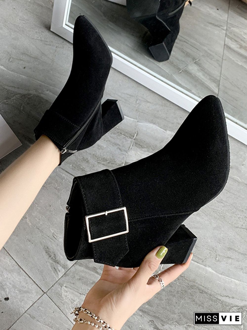 Chunky Heel Buckle Pointed-Toe Suede Martin Boots