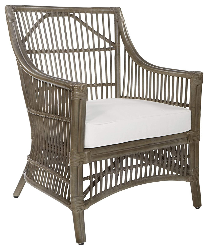 Tropical Accent Chair  Slatted Rattan Frame With Padded Seat Cushion  Grey   Tropical   Armchairs And Accent Chairs   by Declusia  Houzz