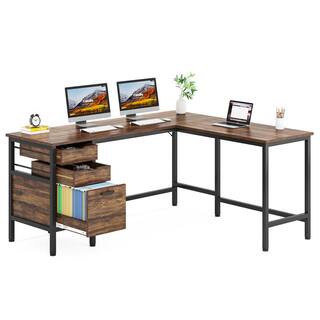 TRIBESIGNS WAY TO ORIGIN Perry 59 in. L-Shaped Brown Wood 2-Drawer Computer Desk with File Cabinet Home Office Desk Workstation HD-JW0479-HYF