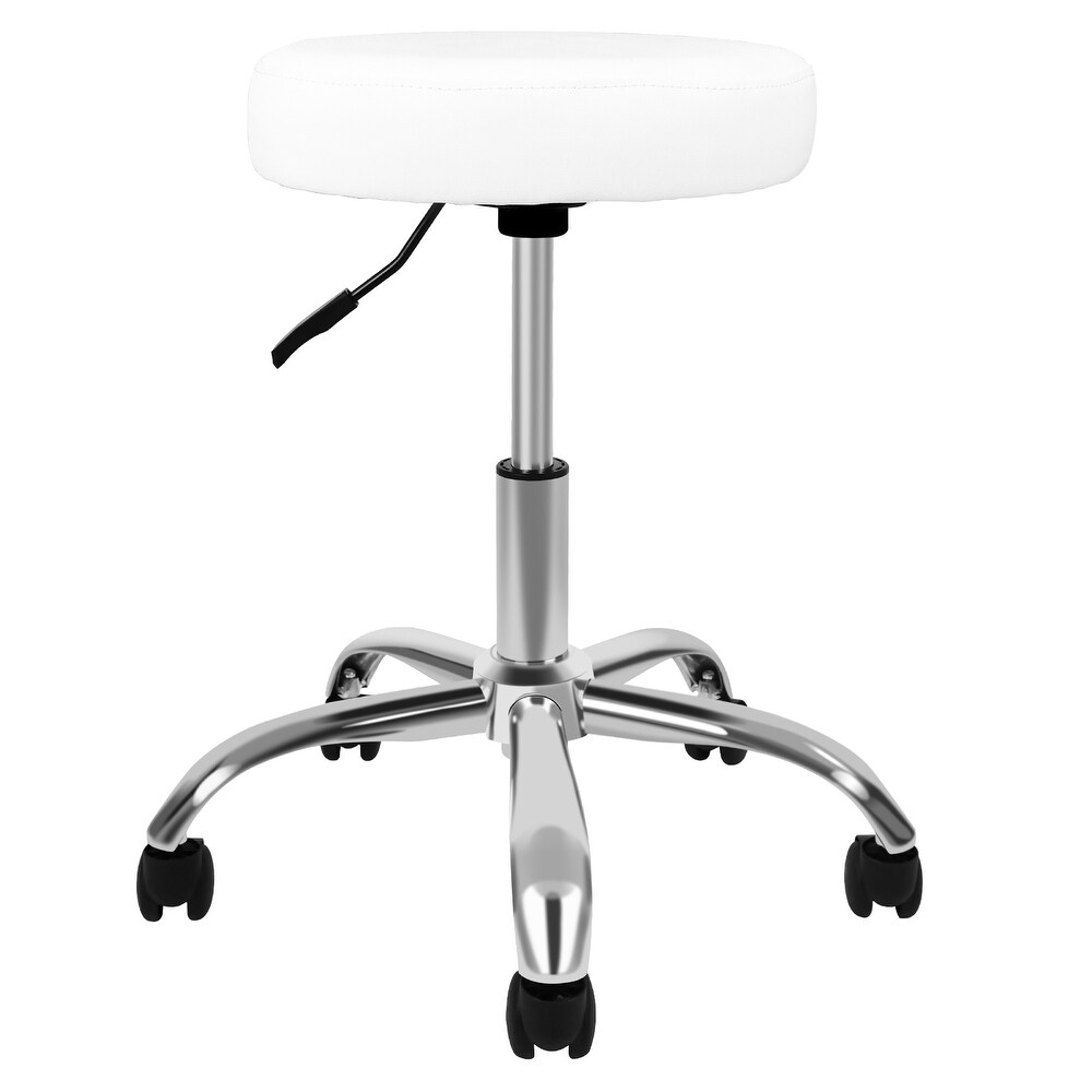 Round Stool Chair with Wheels Height Adjustable  White