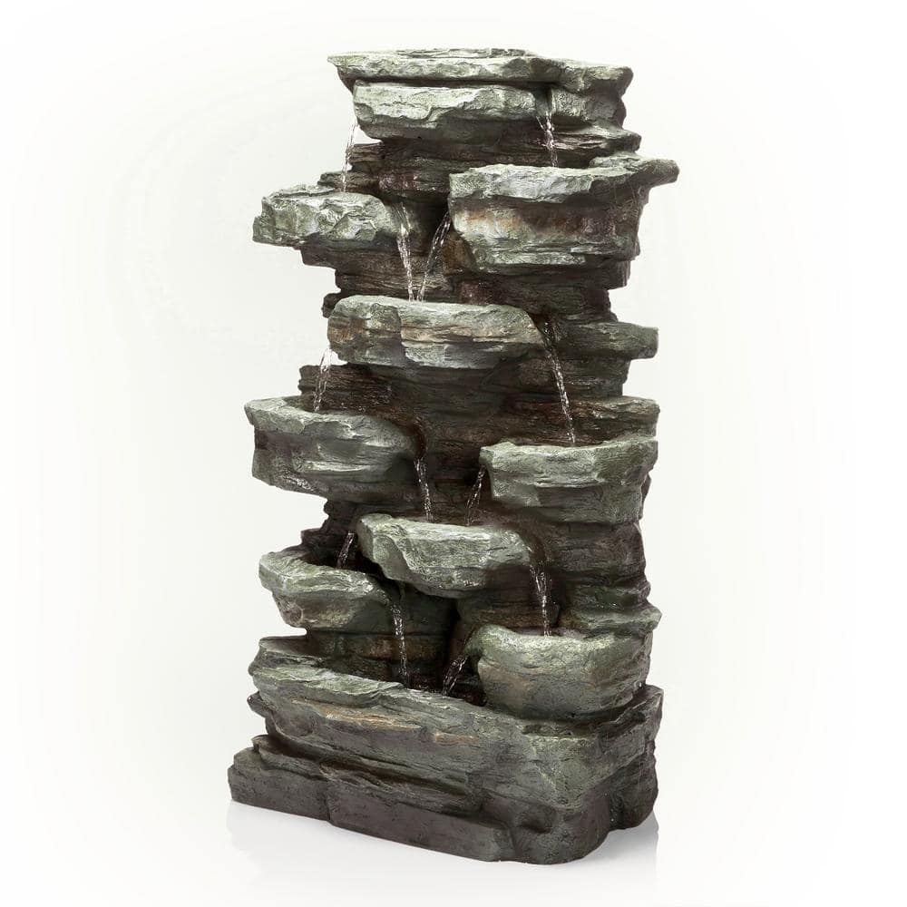 Alpine Corporation 39 in. Tall Outdoor Multi-Tier Rock Water Fountain with LED Lights WIN930