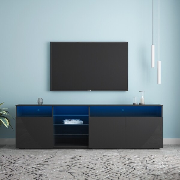 78 inch High Gloss Entertainment Center RGB LED Lights Open Doors Modern TV Stand with Left 3-Tier Glass Shelf and Cabinets