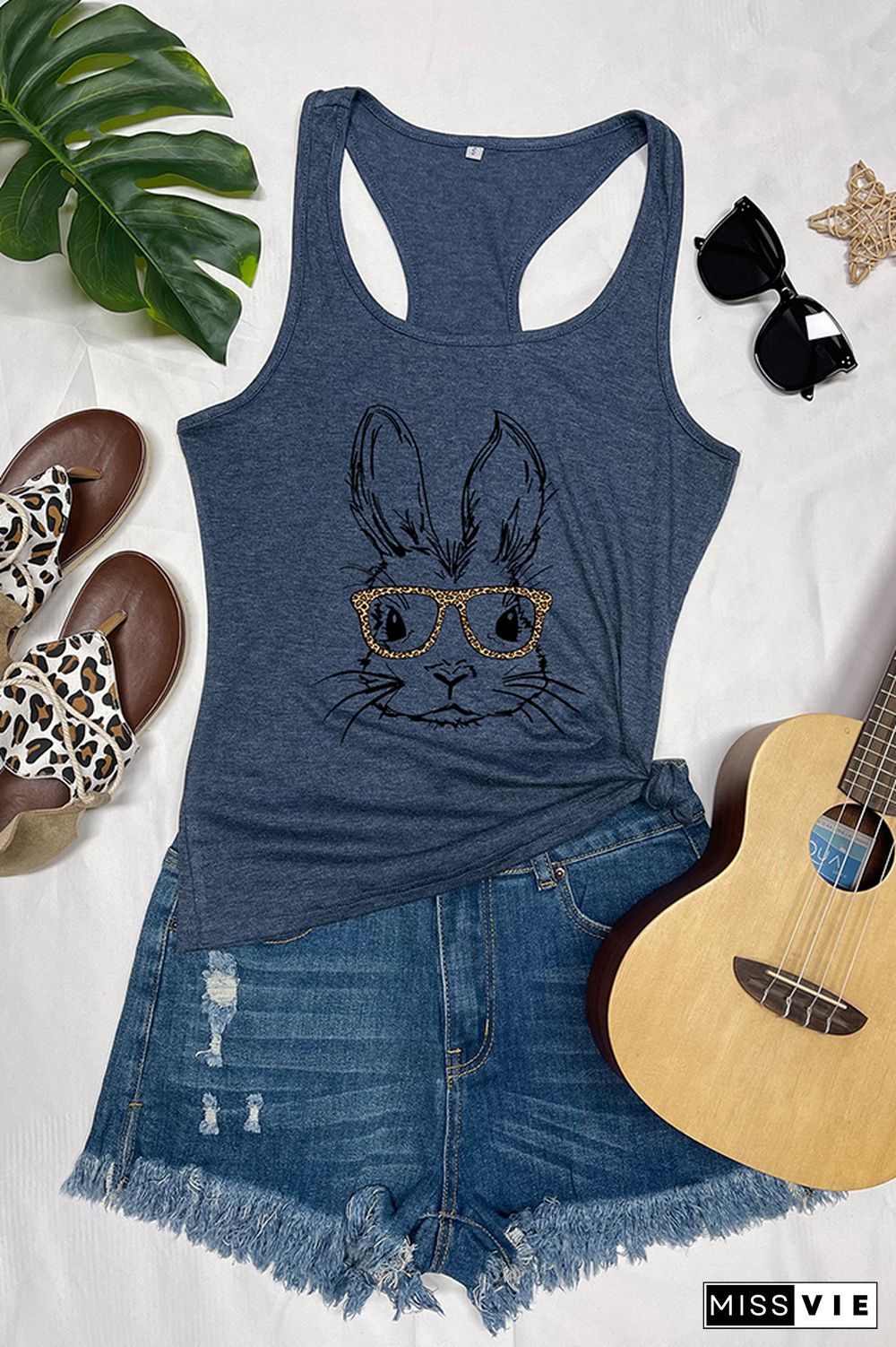 Easter Bunny With Glasses Printed Sleeveless Tank Top Wholesale