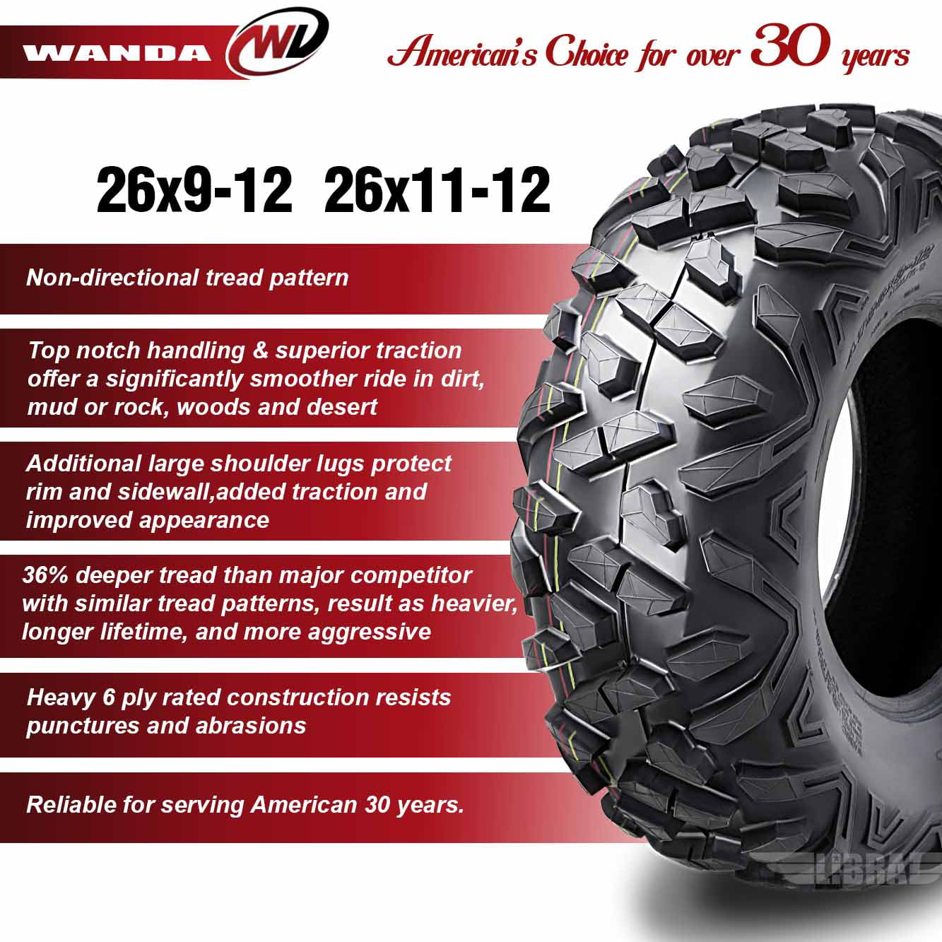 Set of 4 WANDA ATV Tires AT 26x9-12 Front and 26x11-12 Rear /6PR P3501 - 10377/10378