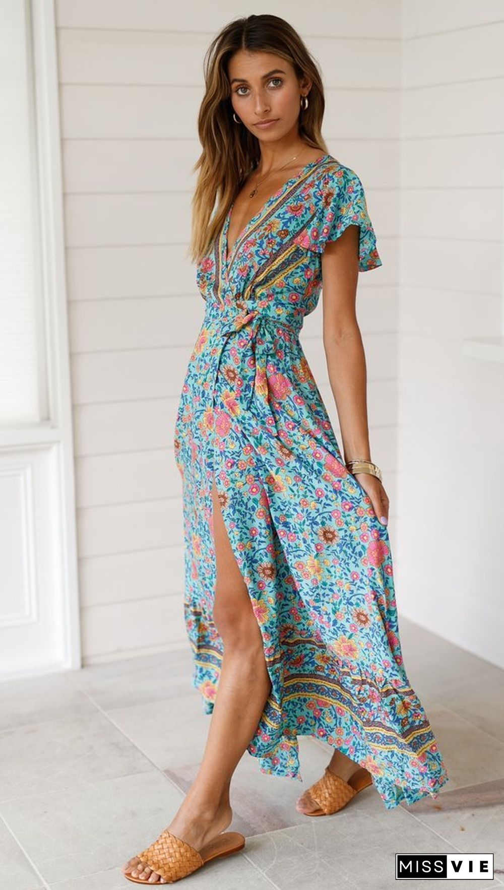 Floral V-Neck Short Sleeve Maxi Dress