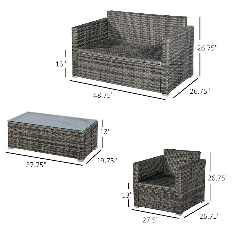 Outsunny 4-Piece Rattan Wicker Furniture Set， Outdoor Cushioned Conversation Furniture with 2 Chairs， Loveseat， and Glass Coffee Table， Grey