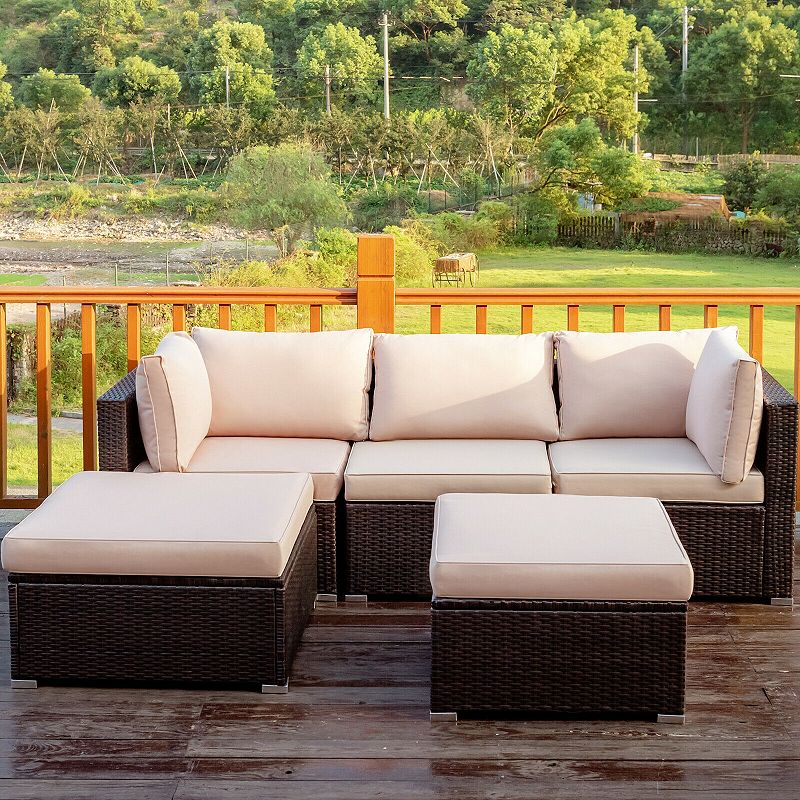 5 Pieces Patio Rattan Sectional Conversation Ottoman Furniture Set