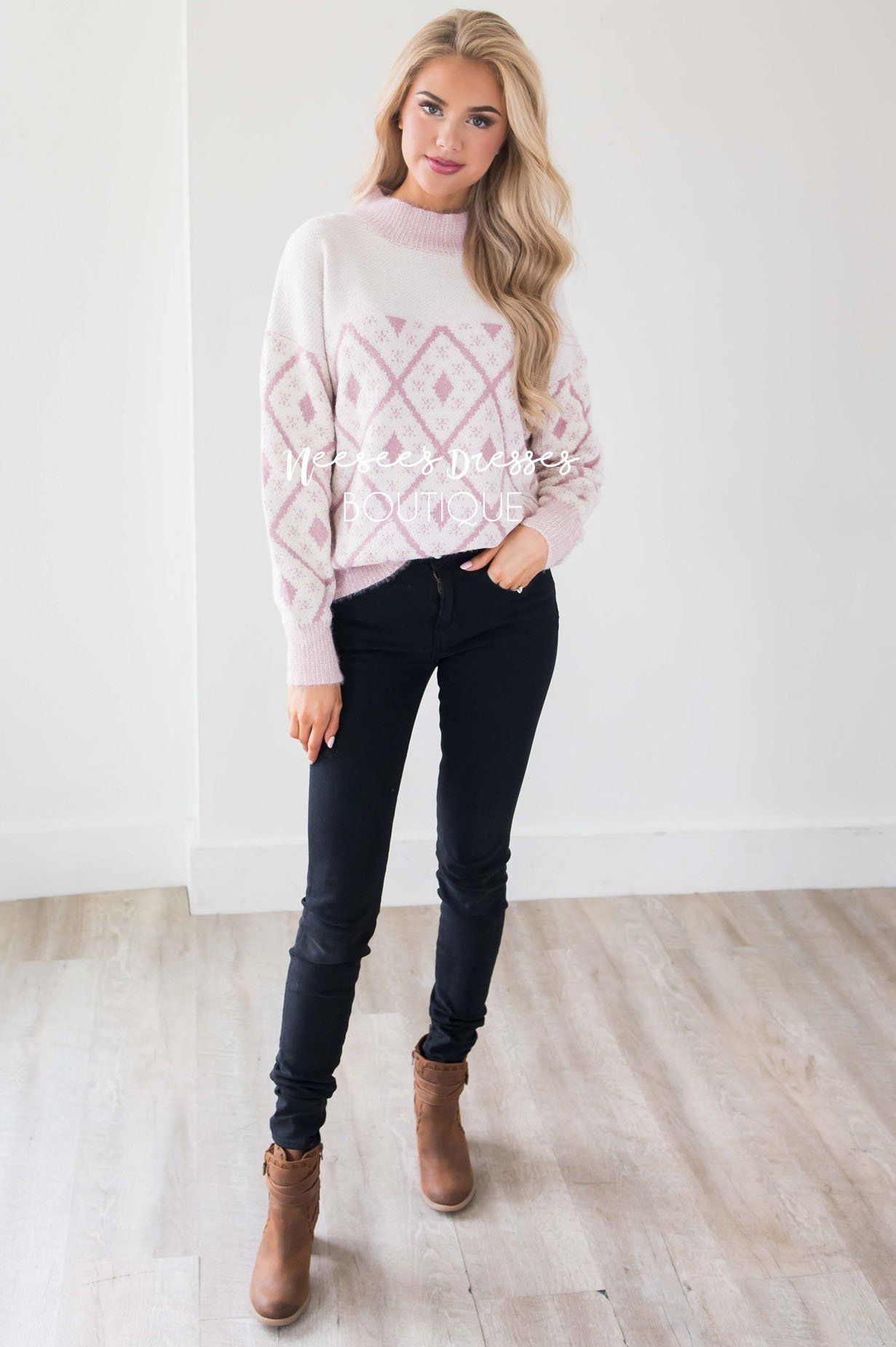 Dusty Pink & Ivory Diamond Print Sweater