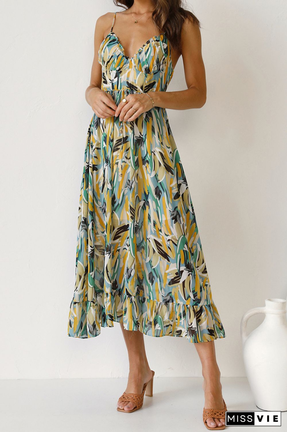 V Neck Halter Print Midi Dress Wholesale