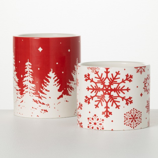 7 quot h And 5 quot h Sullivans Pine And Snowflake Planter Set Of 2 Red