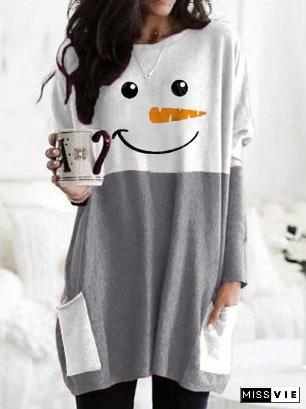 Merry Christmas Snowman Print Long Sleeve Dress