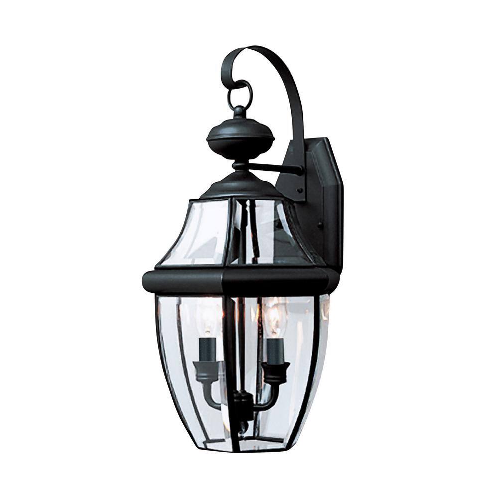 Generation Lighting Lancaster 10 in. W 2-Light Traditional Black Outdoor Wall Lantern Sconce with Clear Beveled Glass 8039-12