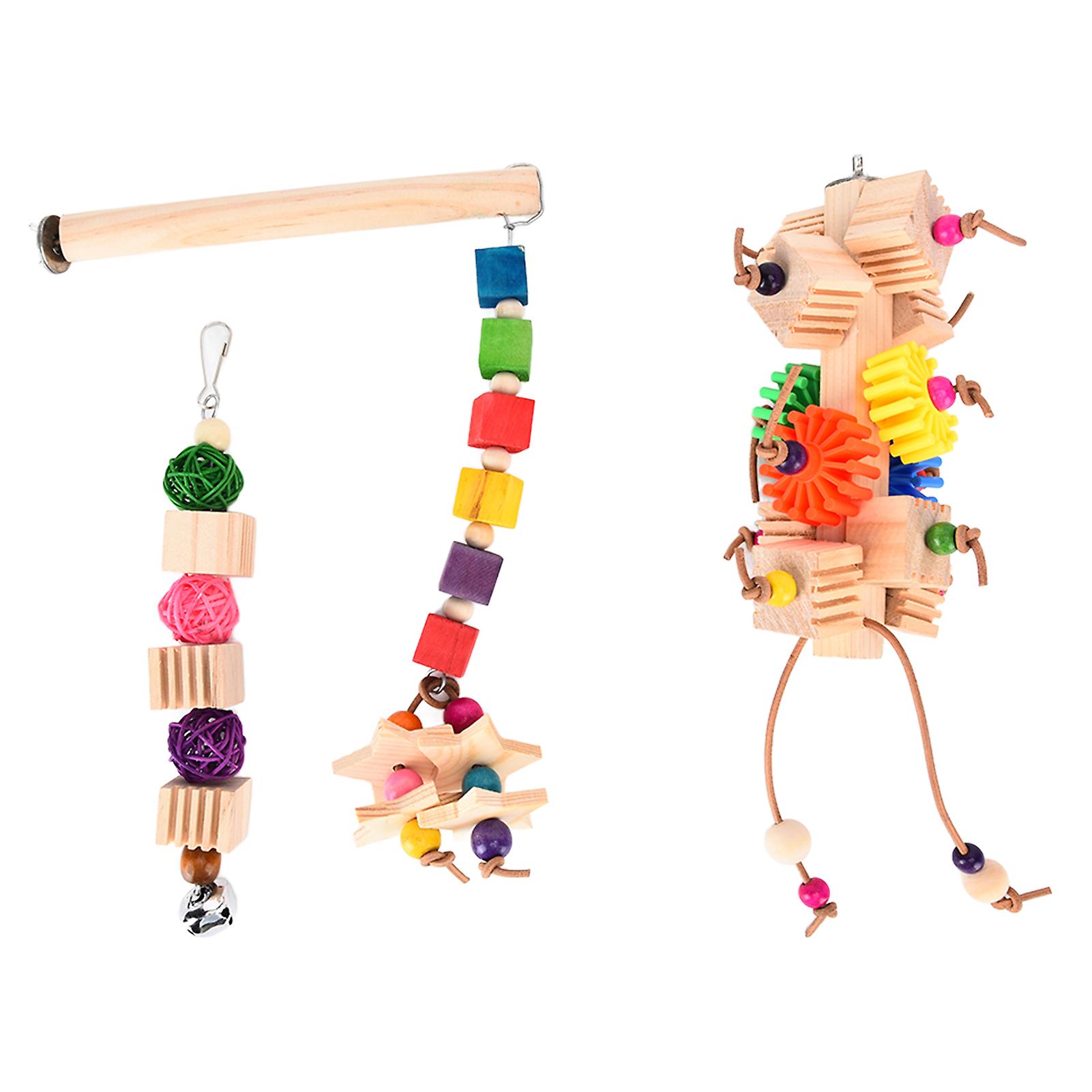 3pcs Parrot Chewing Toys Slotted Wooden Block Toy Parrot Stand Stick Cage Bite String Toy Set