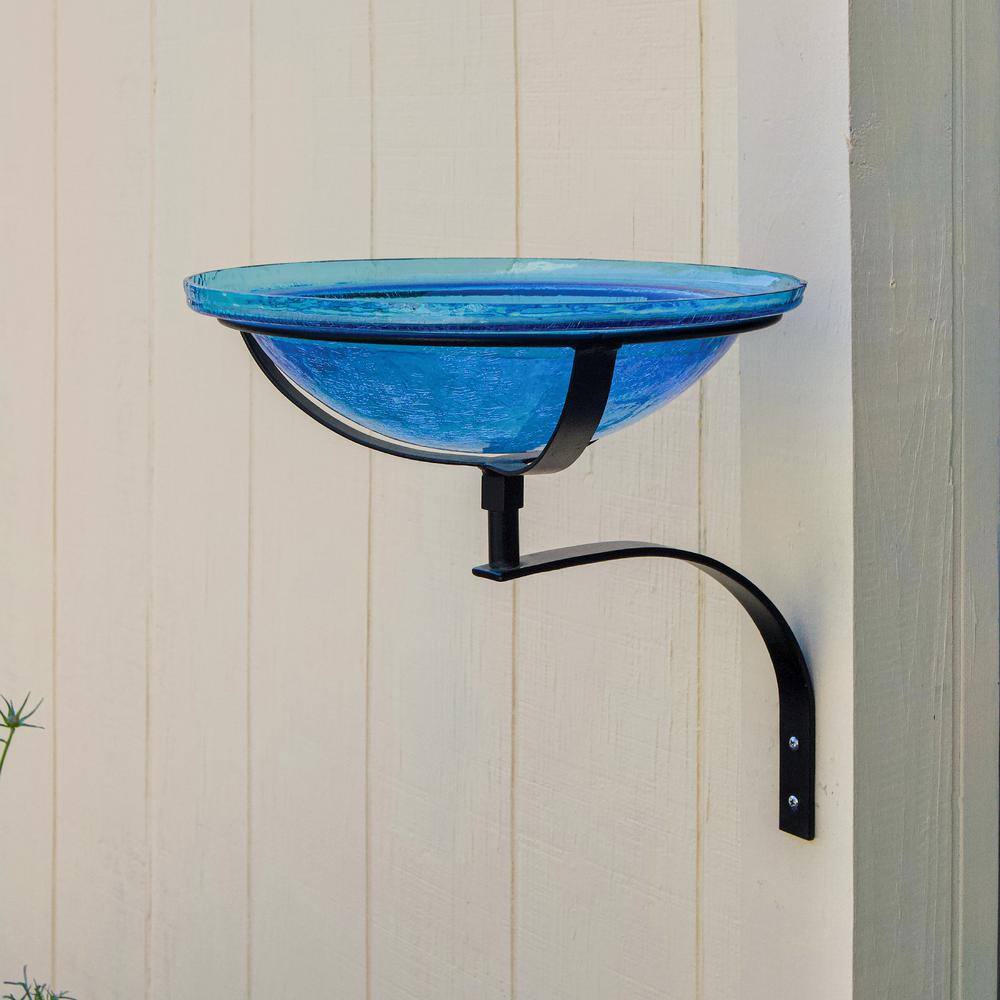 ACHLA DESIGNS 12.5 in. Dia Teal Blue Reflective Crackle Glass Birdbath Bowl with Wall Mount Bracket CGB-07T-WM