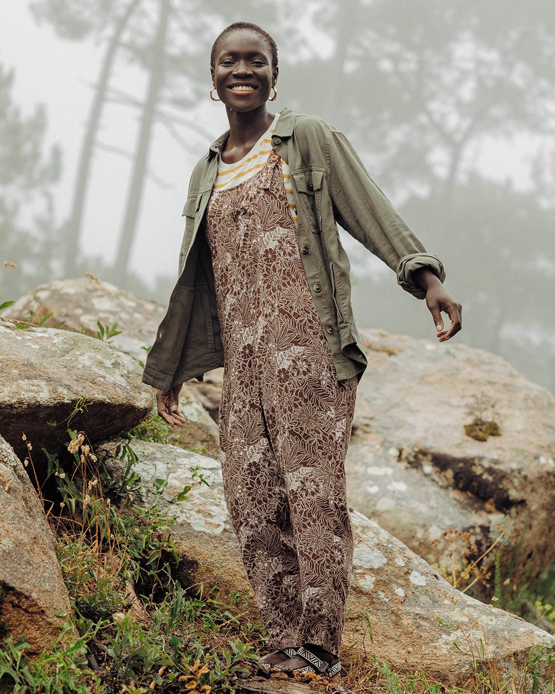 Serenity Dungarees - Chestnut Floral Pattern