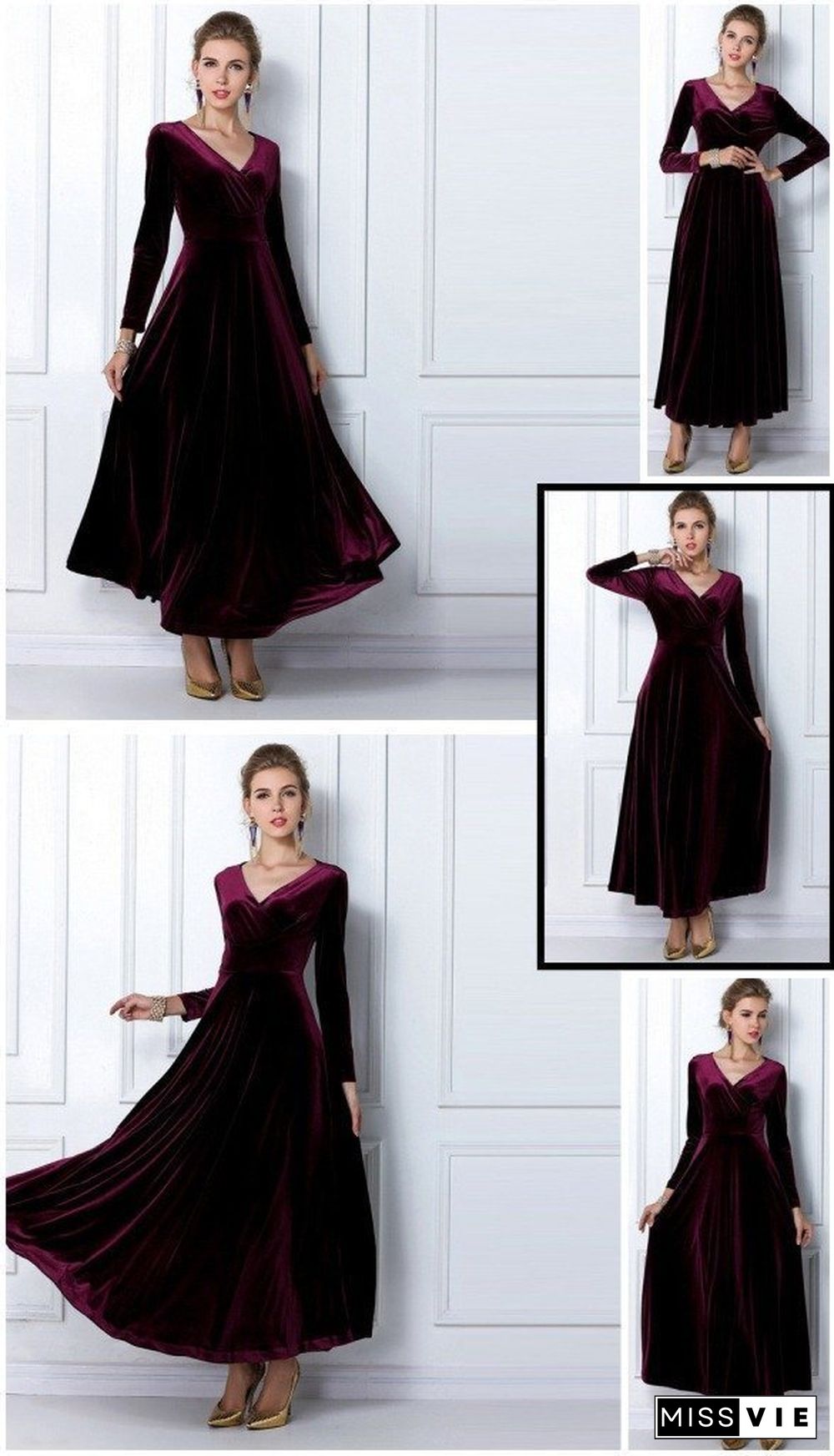 V Neck Velvet Long Sleeve Party Dress