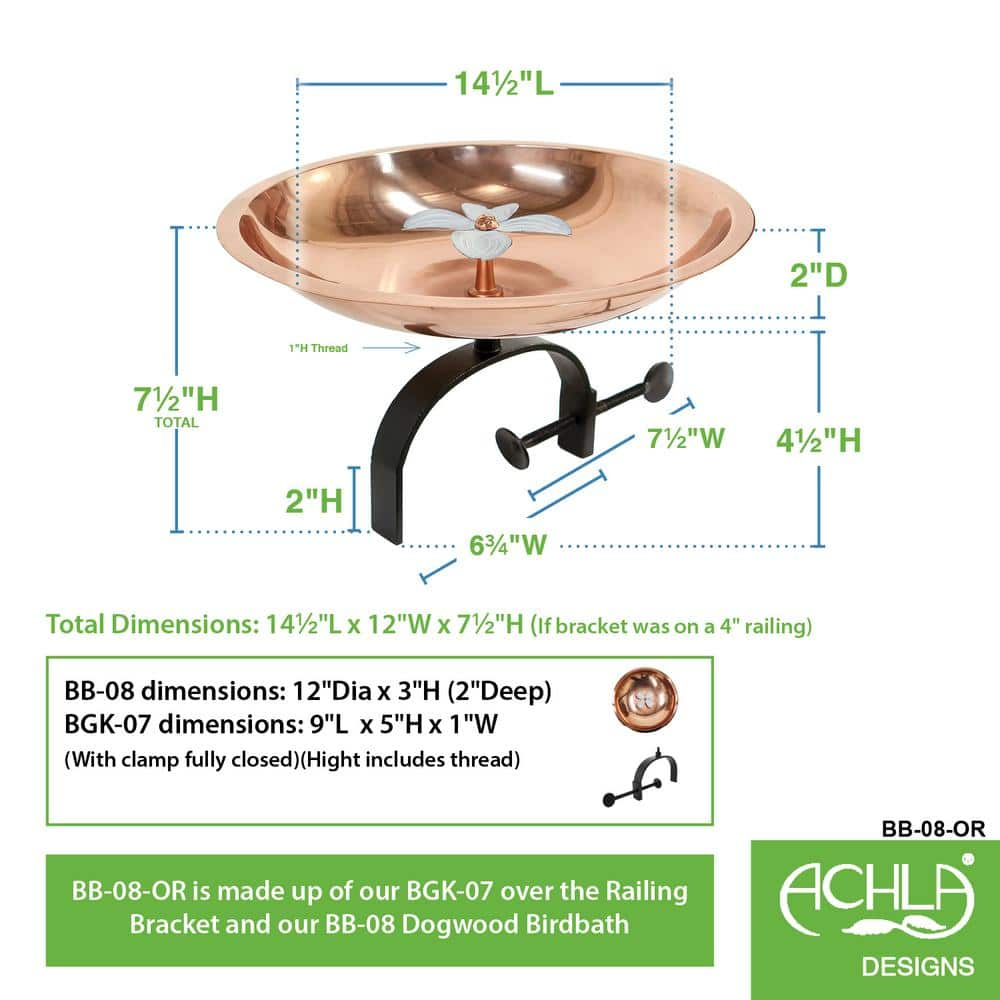 Achla Designs 14.5 in. W Copper Plated and Colored Patina Dogwood Garden Birdbath with Over Rail Bracket BB-08-OR