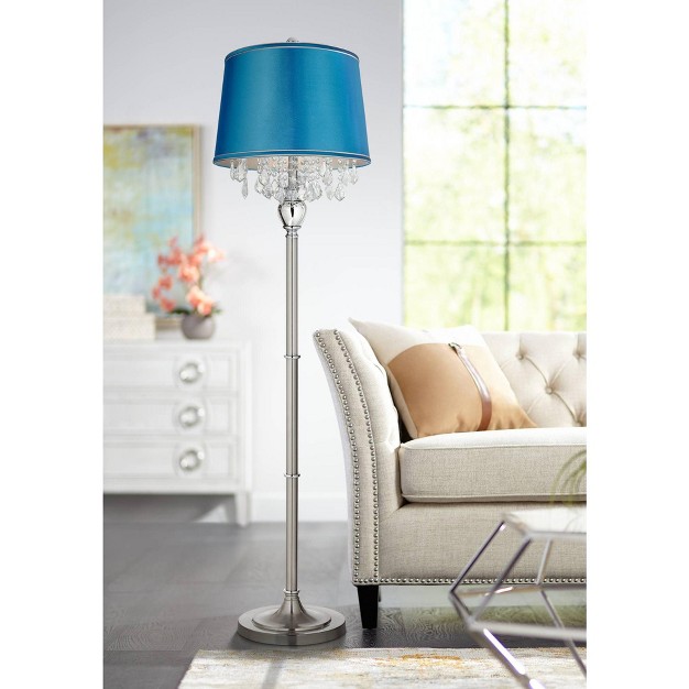 Tall Satin Steel Chrome Crystal Strands Turquoise Satin Drum Shade For Living Room Reading Bedroom