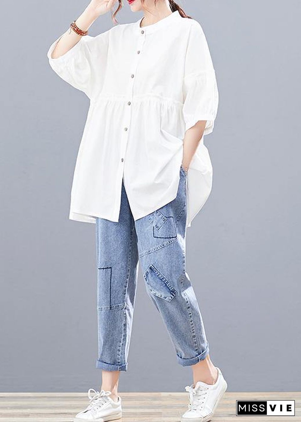 DIY stand collar cotton summerblouses for women Photography white tops