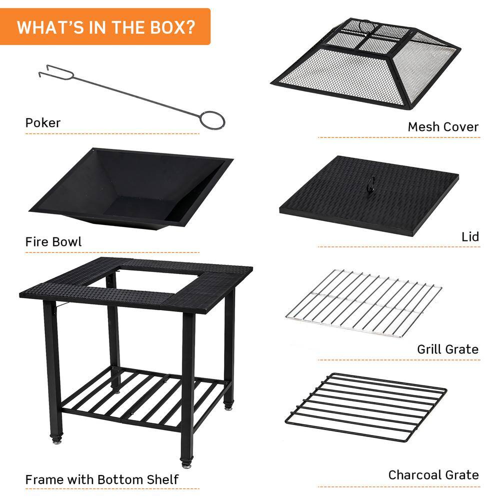 Costway 31 in. Outdoor Steel Fire Pit Dining Table Charcoal Wood Burning WCooking BBQ Grate OP70937