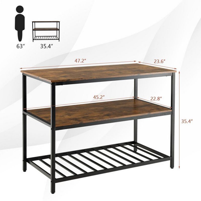 Hivago 3 Shelves Kitchen Island Industrial Prep Table with Bottom Wine Rack-Rustic Brown