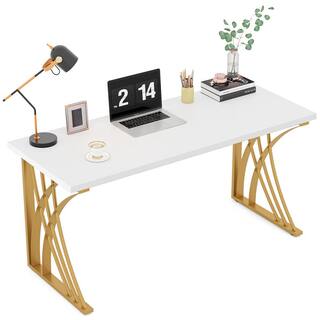 TRIBESIGNS WAY TO ORIGIN Perry 55 in. White Gold Wood Laptop PC Computer Desk Console Makeup Vanity Table Sturdy Writing Workstation HD-F1652-WZZ