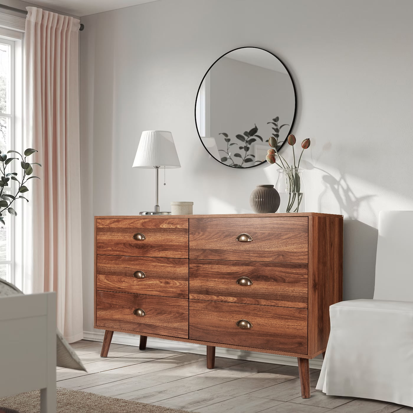 Wood Dresser for Bedroom with 6 Drawers, Mid Century Modern Chests of Drawer with Metal Handles, Walnut