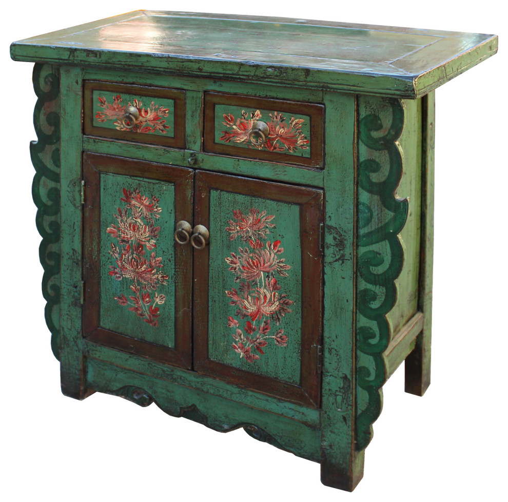 Chinese Distressed Green  ampBrown Flower Graphic Table Cabinet Hcs5948   Asian   Accent Chests And Cabinets   by Golden Lotus Antiques  Houzz