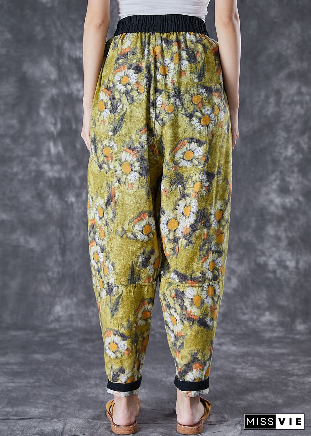 Stylish Green Elastic Waist Patchwork Print Cotton Harem Pants Summer