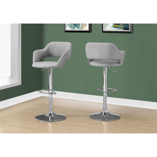 Bar Stool， Swivel， Bar Height， Adjustable， Chrome Metal， Grey Fabric， Contemporary， Modern