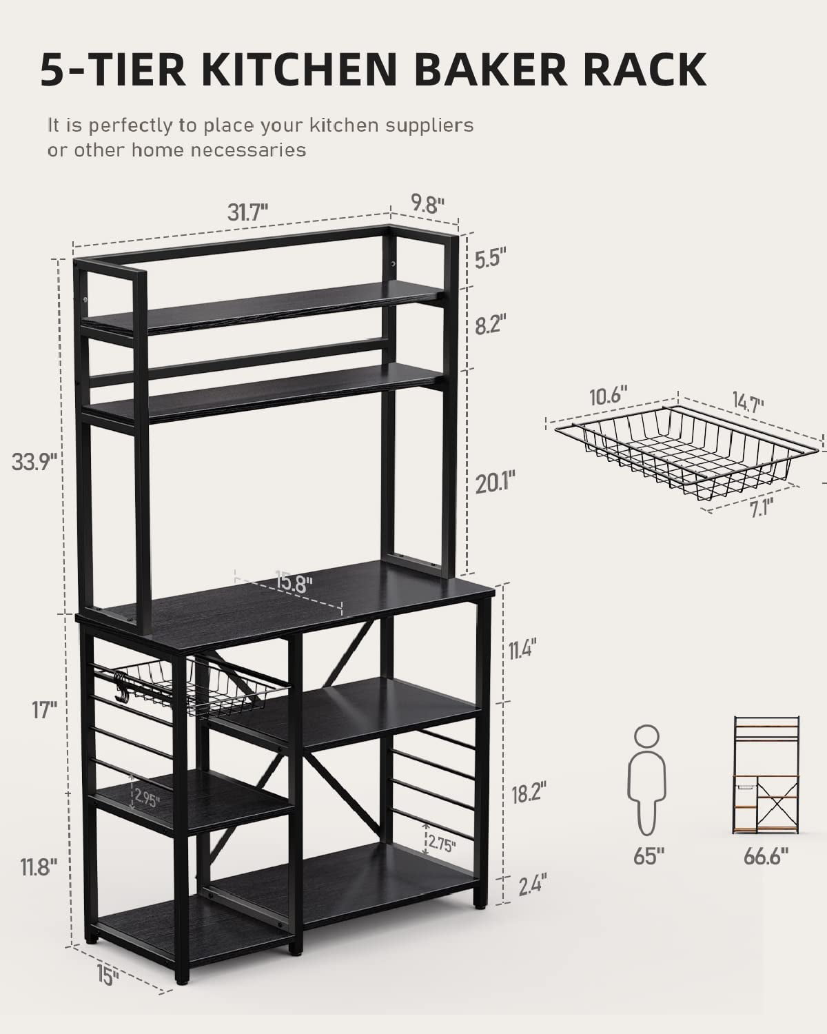 Aiho Home Kitchen 5 Tier Baker's Rack with Basket， Side Hooks - Black