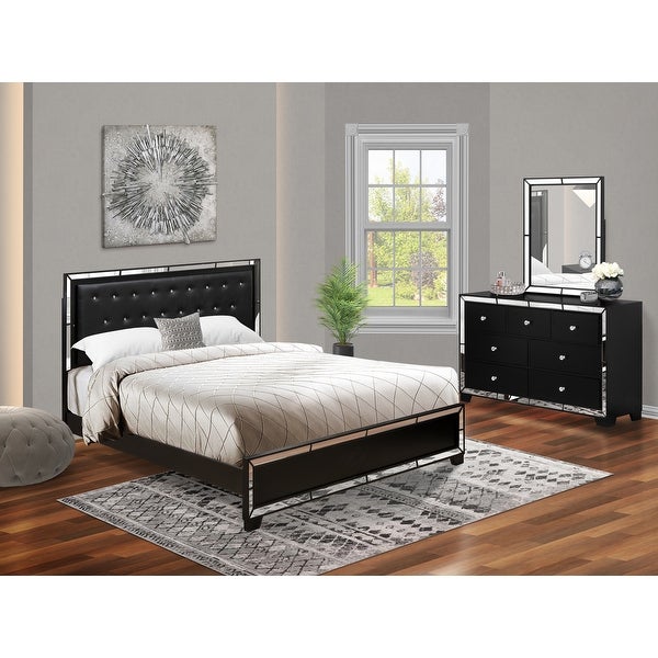 3-Pieces King Bedroom Set - King Size Bed with Black Leather Light Up Head Board - Bedroom Dresser and Make Up Mirror - - 34142364