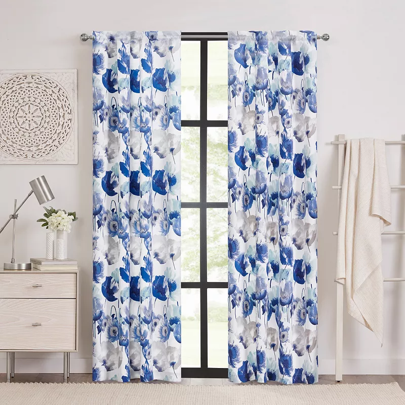 Kate Aurora Chic Living 2 Pack Semi Sheer Poppy Floral Rod Pocket Window Curtains