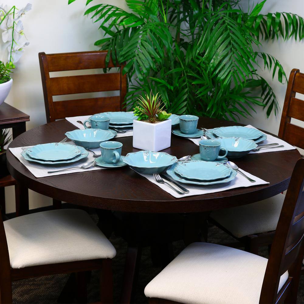 Elama Fleur De Lys 20-Piece Traditional Turquoise Stoneware Dinnerware Set (Service for 4) 985102839M