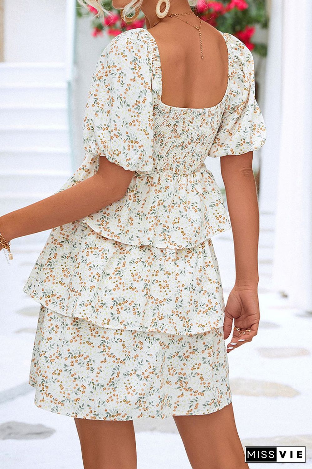 Smocked Square Neck Tiered Floral Dress