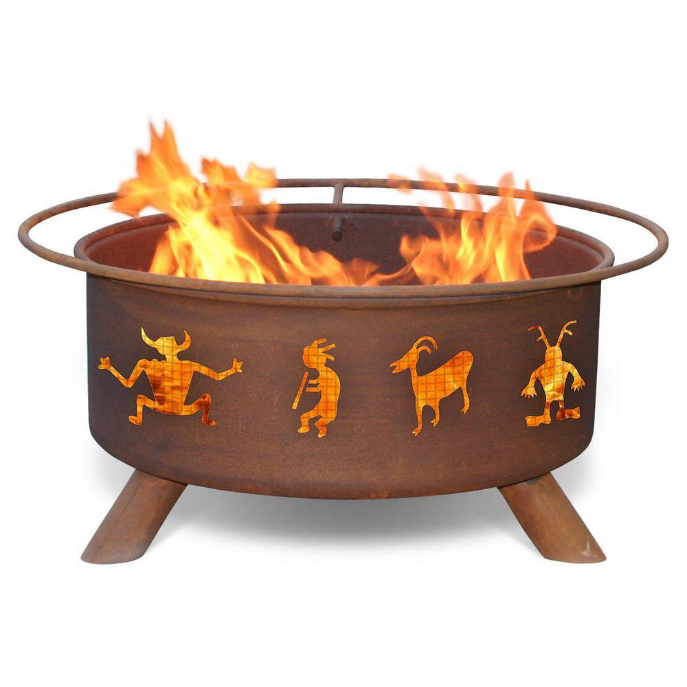 Kokopelli 29 in. x 18 in. Round Steel Wood Burning Fire Pit in Rust with Grill Poker Spark Screen and Cover F112